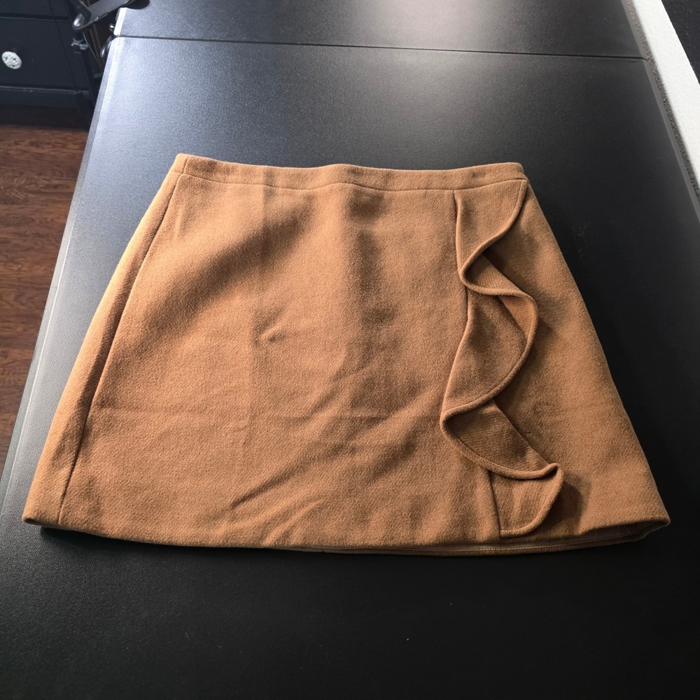 J.Crew Mercantile Camel Brown Wool Blend Ruffle Front Mini Skirt Size 10